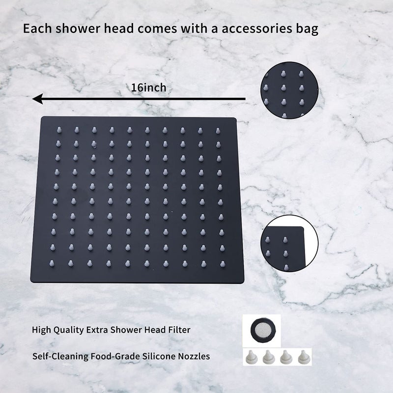 GGStudy 16 Inch Square Stainless Steel Shower Head Rain Style Large Shower Head Matte Black High Pressure - Image 5